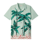 Camisa hawaiana tropical de manga corta con cuello campamento y estampado de estatuas vintage